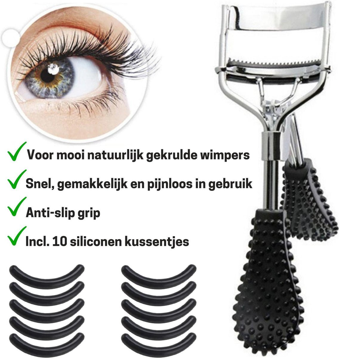 Wimperkruller (zwart) met anti-slip grip voor mooi natuurlijk gekrulde wimpers - Inclusief 10 siliconen kussentjes voor bescherming van de wimpers