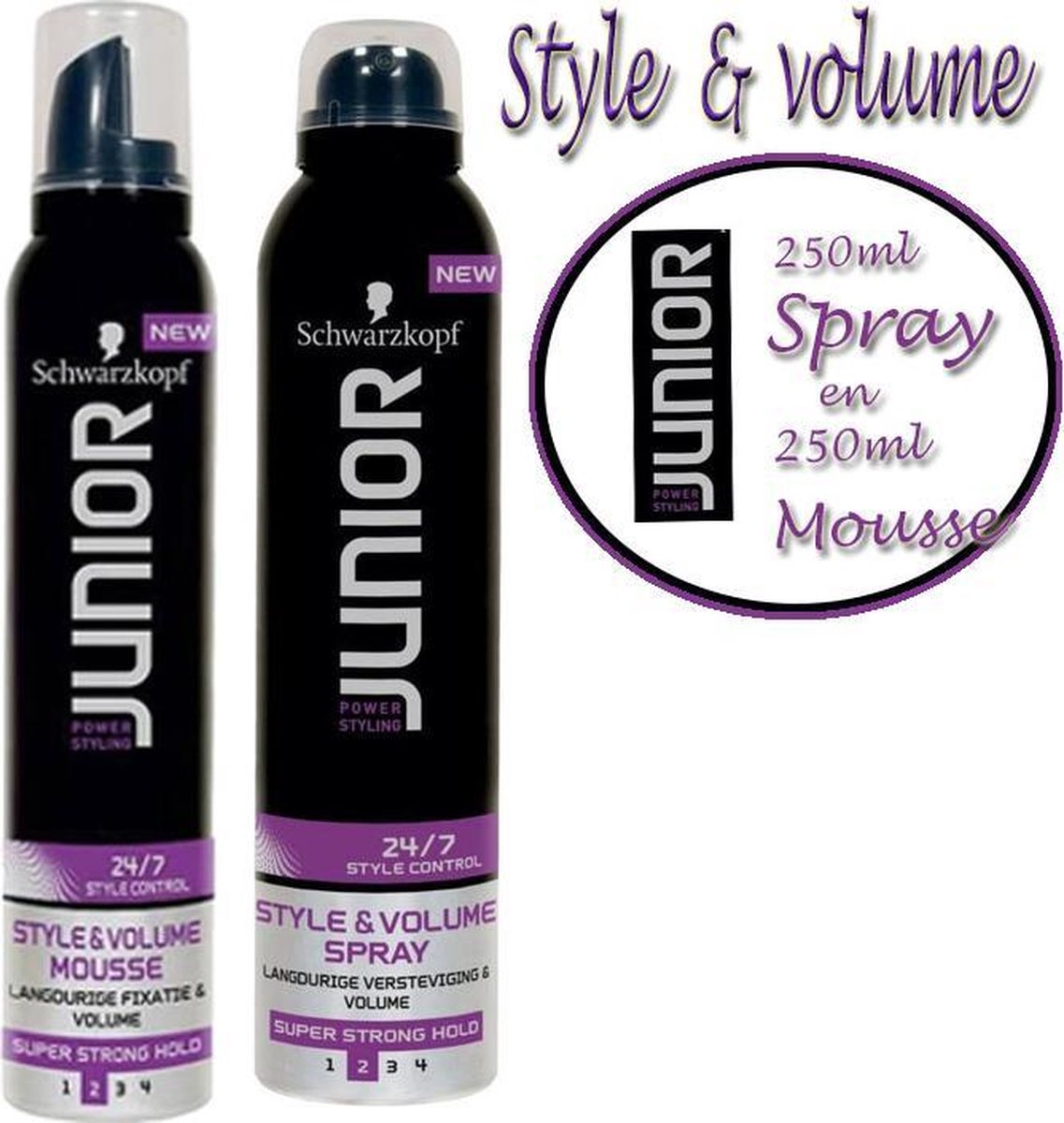Duo pakket: Junior power Style & volume- 1x Spray 250 ml en 1x Mousse 250ml