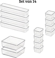 14x Opbergbakjes set - Badkamer en keuken - Organizer bureau - Make up bakjes - Ondergoed - Opberg - Lades - Ladeverdeler transparant - Plastic