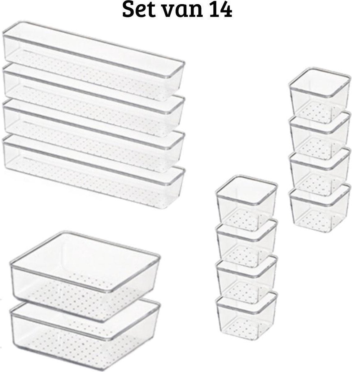 14x Opbergbakjes set - Badkamer en keuken - Organizer bureau - Make up bakjes - Ondergoed - Opberg - Lades - Ladeverdeler transparant - Plastic