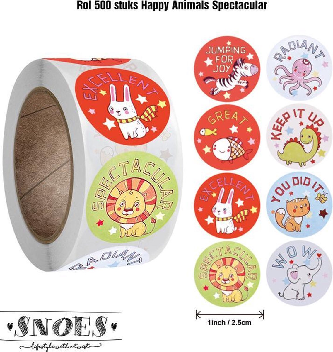 Snoes - sluitstickers 500 stuks - stickerrol - Motivation Animals Spectacular - beloningsstickers - stickers voor kinderen - schoolspullen - onderwijs - peuters - kleuters - Motivatie Dieren Sticker - cadeau - kado - inpakken