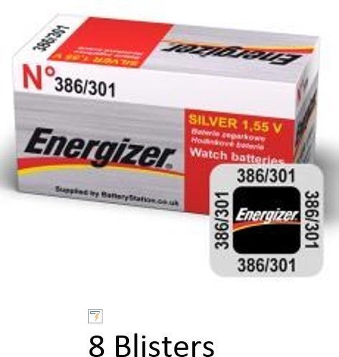 8 stuks (8 blisters a 1 stuk) Energizer Zilver Oxide Knoopcel batterij 301/386
