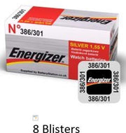8 stuks (8 blisters a 1 stuk) Energizer Zilver Oxide Knoopcel batterij 301/386