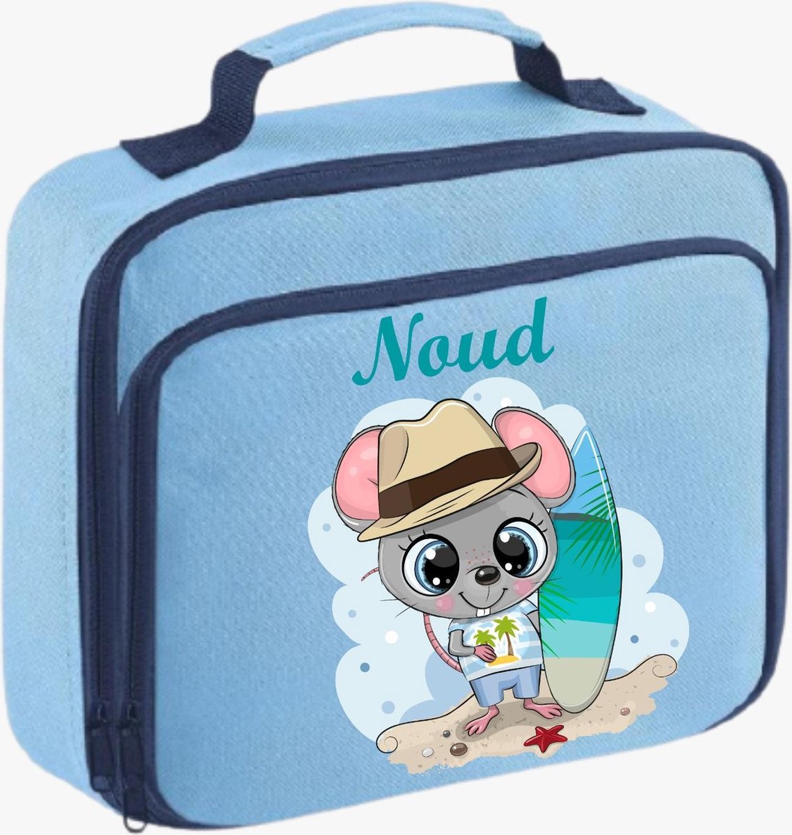 Gepersonaliseerde koeltas - eigen naam - jongen - blauw - tas - strand - drinken - eten - koud - school - lunch - muisje - zwemmen
