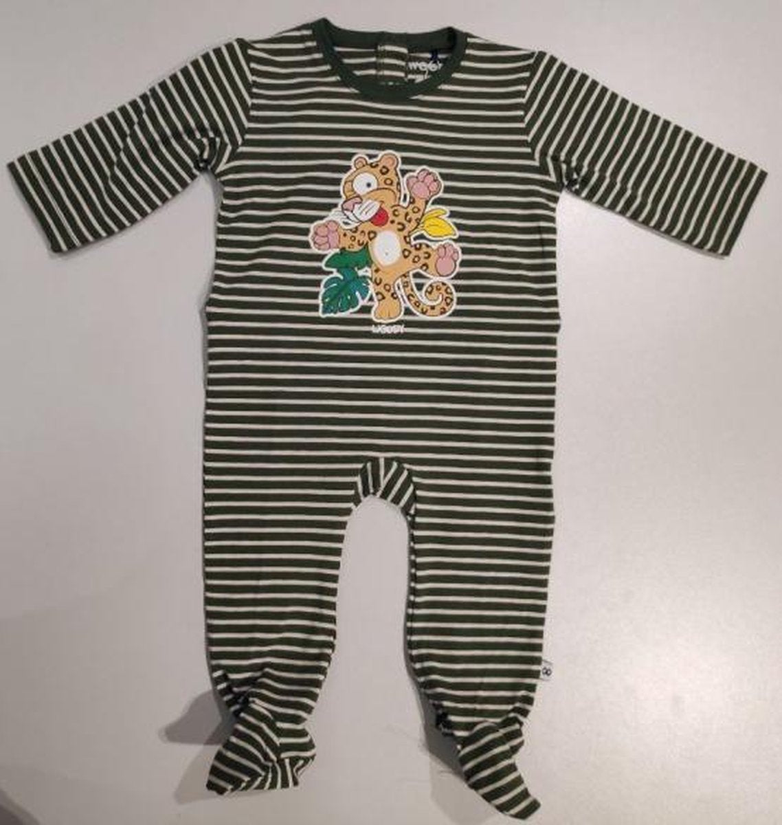 Woody – Romper Unisex – Donkergroen-Gebroken wit gestreept - Tijger - 201-3-RBZ-Z/916 - maat 50