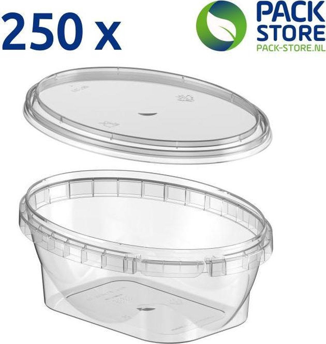 Plastic bakjes ovaal design 300 ml. Transparant met deksel. 250 stuks