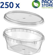 Plastic bakjes ovaal design 300 ml. Transparant met deksel. 250 stuks
