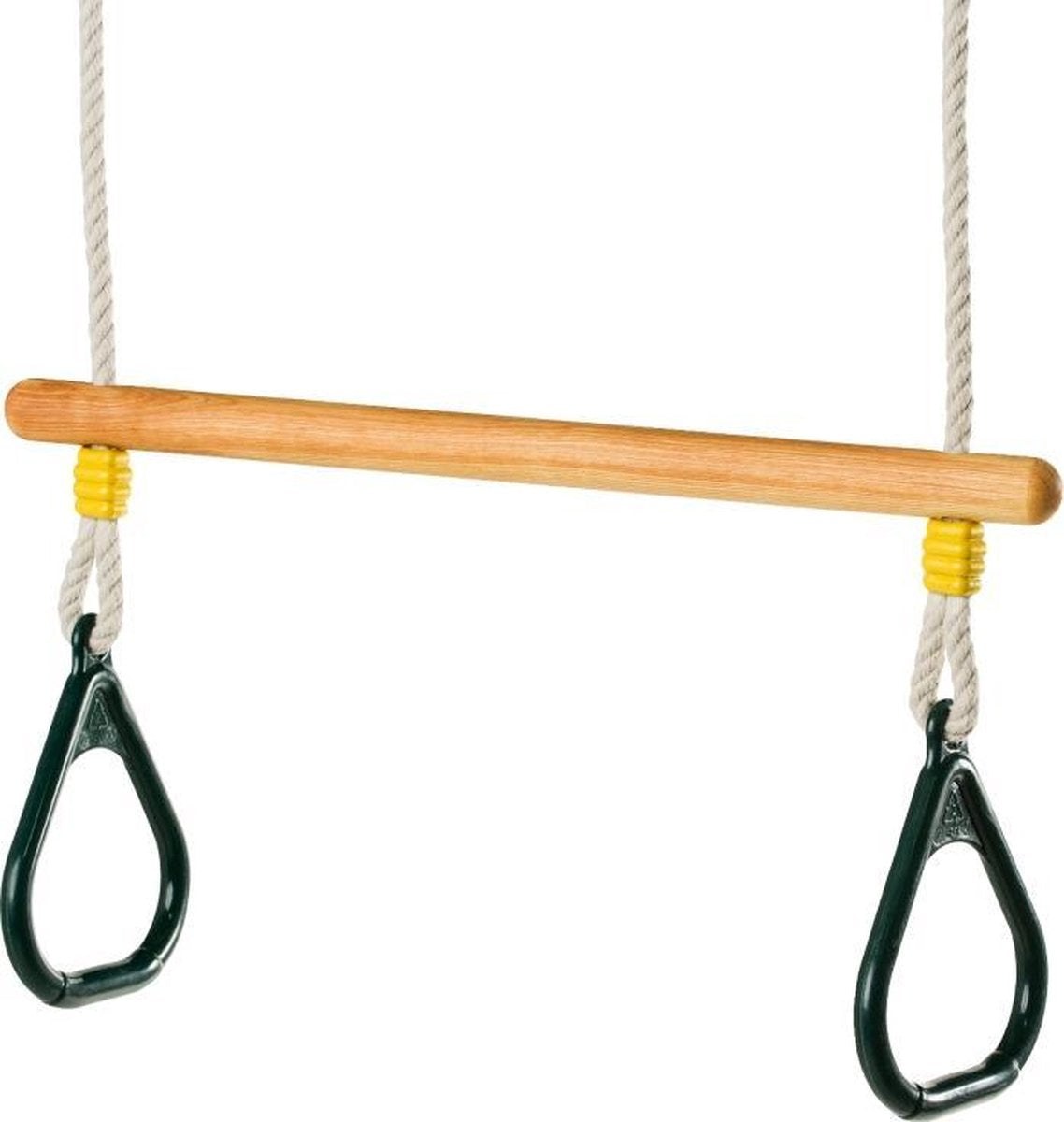 Trapeze  van essen hout behandeld met lijnzaadolie met kunststof driehoek ringen groen PH 2.5m