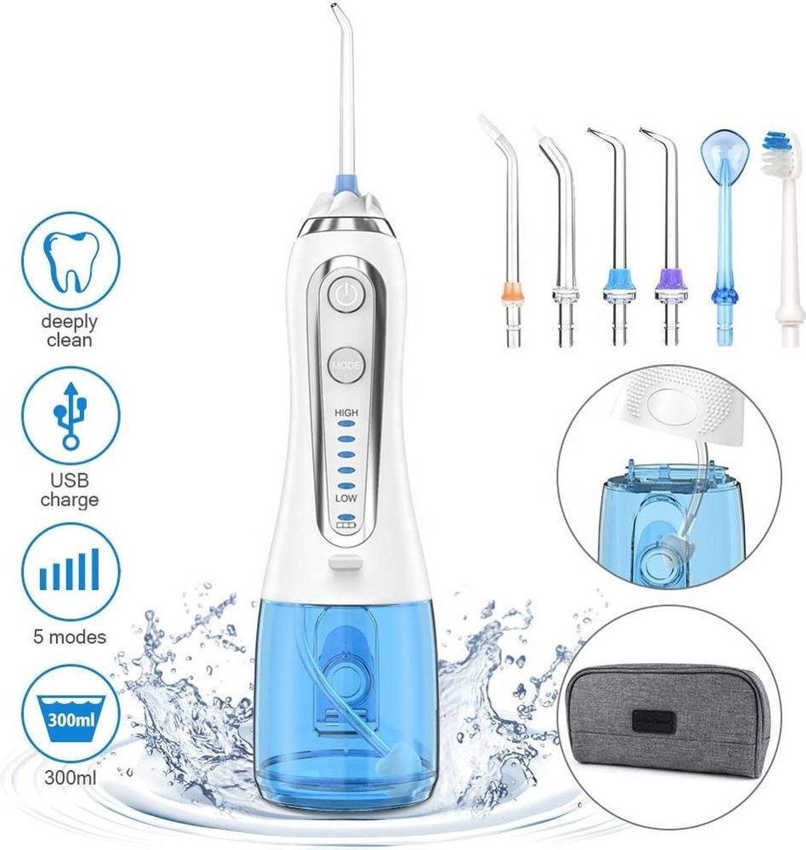 Yaqubi - waterflosser - waterflosser elektrisch - 6 VERSCHILLENDE OPZETSTUKKEN INCLUSIEF MEENEEMETUI - waterpik - waterpik waterflosser - monddouche - tandenborstel elektrische - tandenborstel - tandenborstel opzetborstel - vaderdag