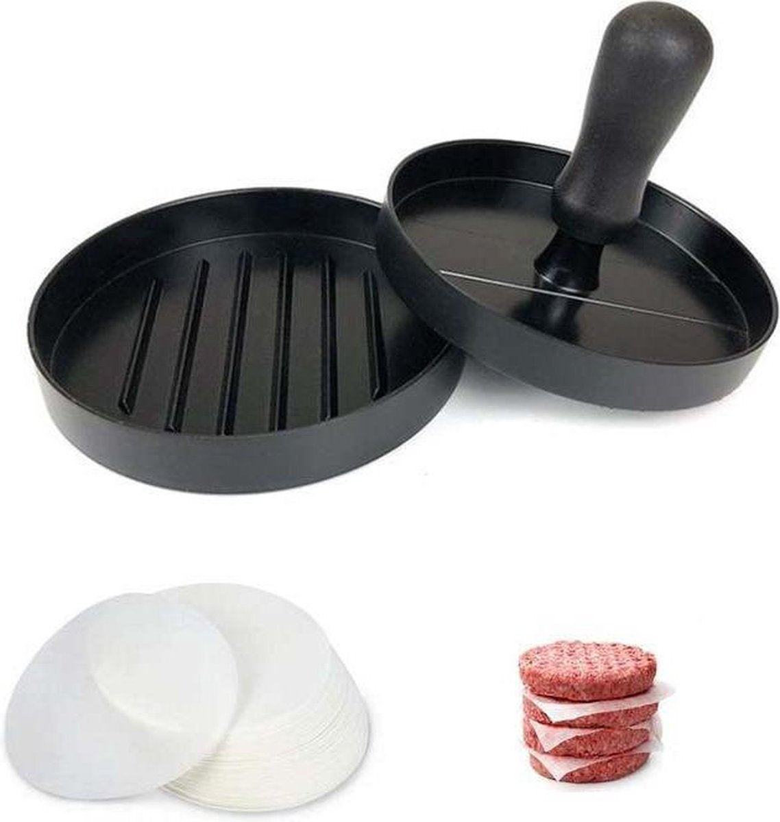 Hamburgerpers | BBQ set | Zwart| Inc. 30 bakpapiertjes | RVS |