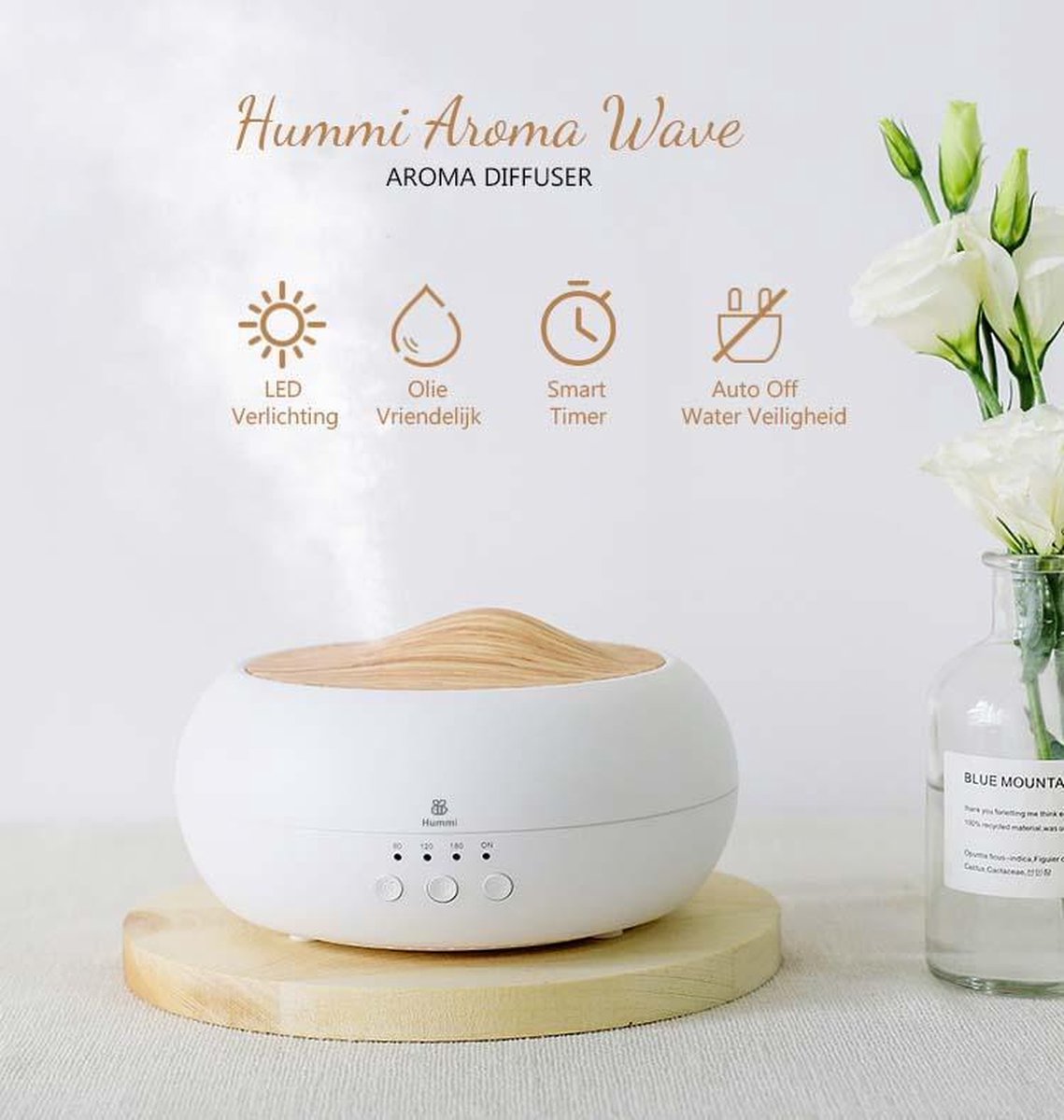 Hummi Aroma Diffuser - Aroma Wave - Met 2 flesjes Etherische Olie voor Aromatherapie - Geurverspreider - Vernevelaar - Luchtbevochtiger