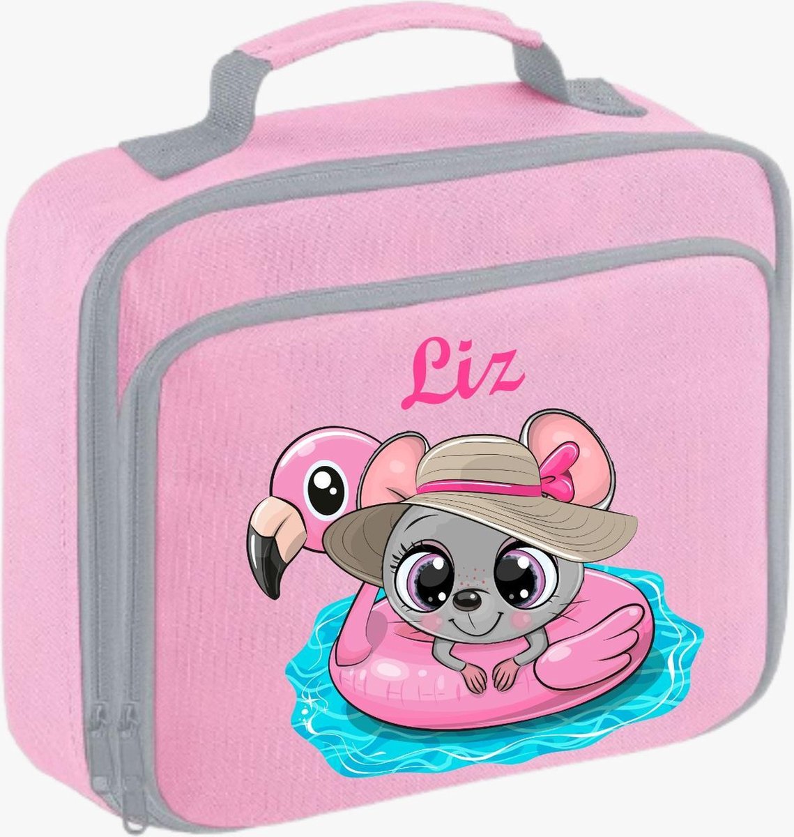 Gepersonaliseerde koeltas - eigen naam - meisje - roze - tas - strand - drinken - eten - koud - school - lunch - muisje - zwemmen