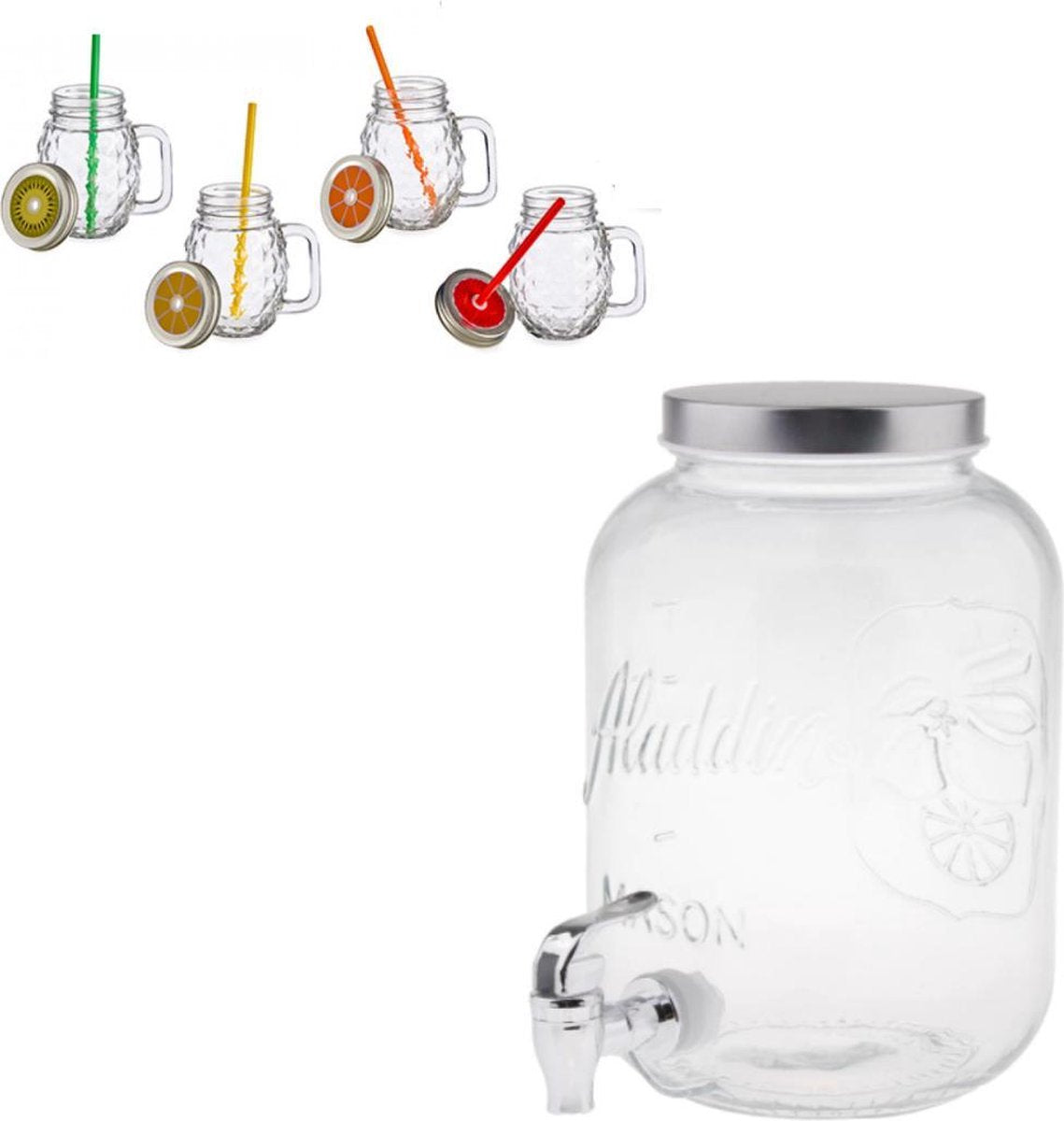Waterkan - Disufer - Waterkaraf - Glazen - Met rietje - Fruit - 4 glazen
