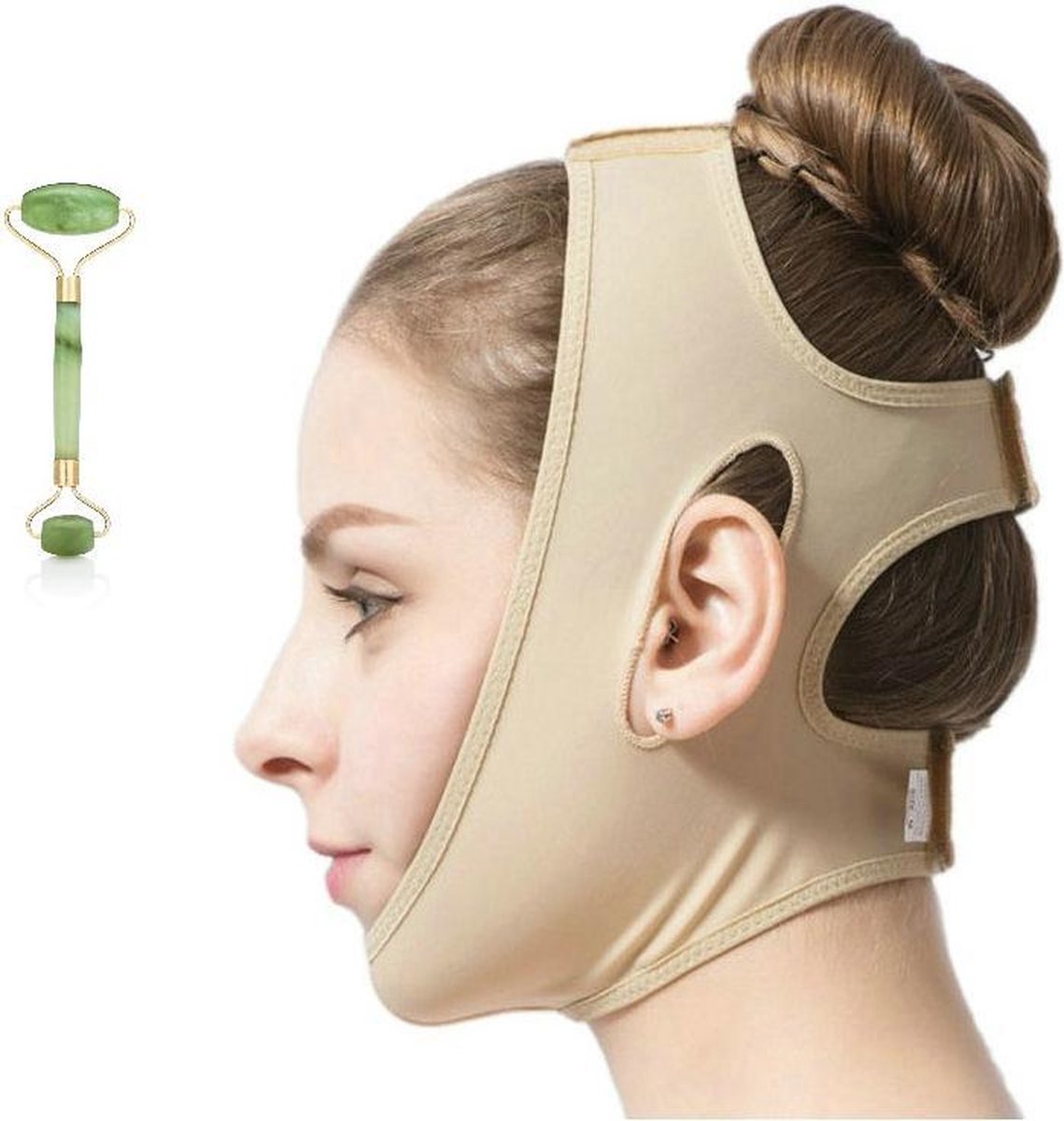 Professionele Afslankband Voor Onderkin - Onderkin Trainer - Strakke Kaaklijn - Afslankpakket Voor Gezicht - Afslankmasker Voor Dubbele Kin - Maat L - Met Jade Massage Roller Roller