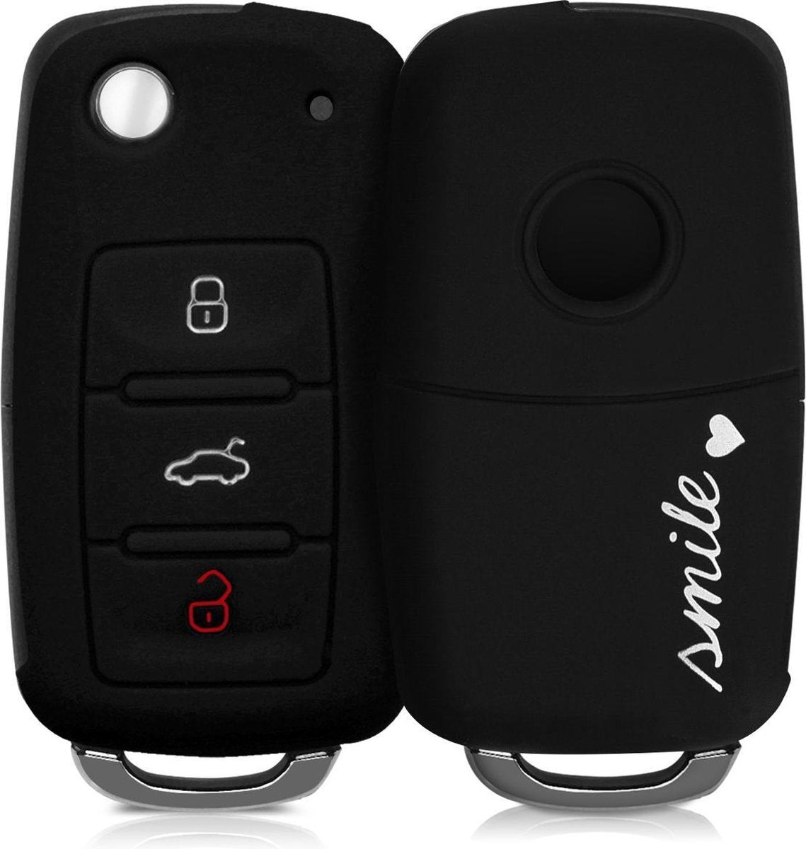 kwmobile autosleutelhoes voor VW Skoda Seat 3-knops autosleutel - Siliconen beschermhoes in wit / zwart - Smile en Hartje design
