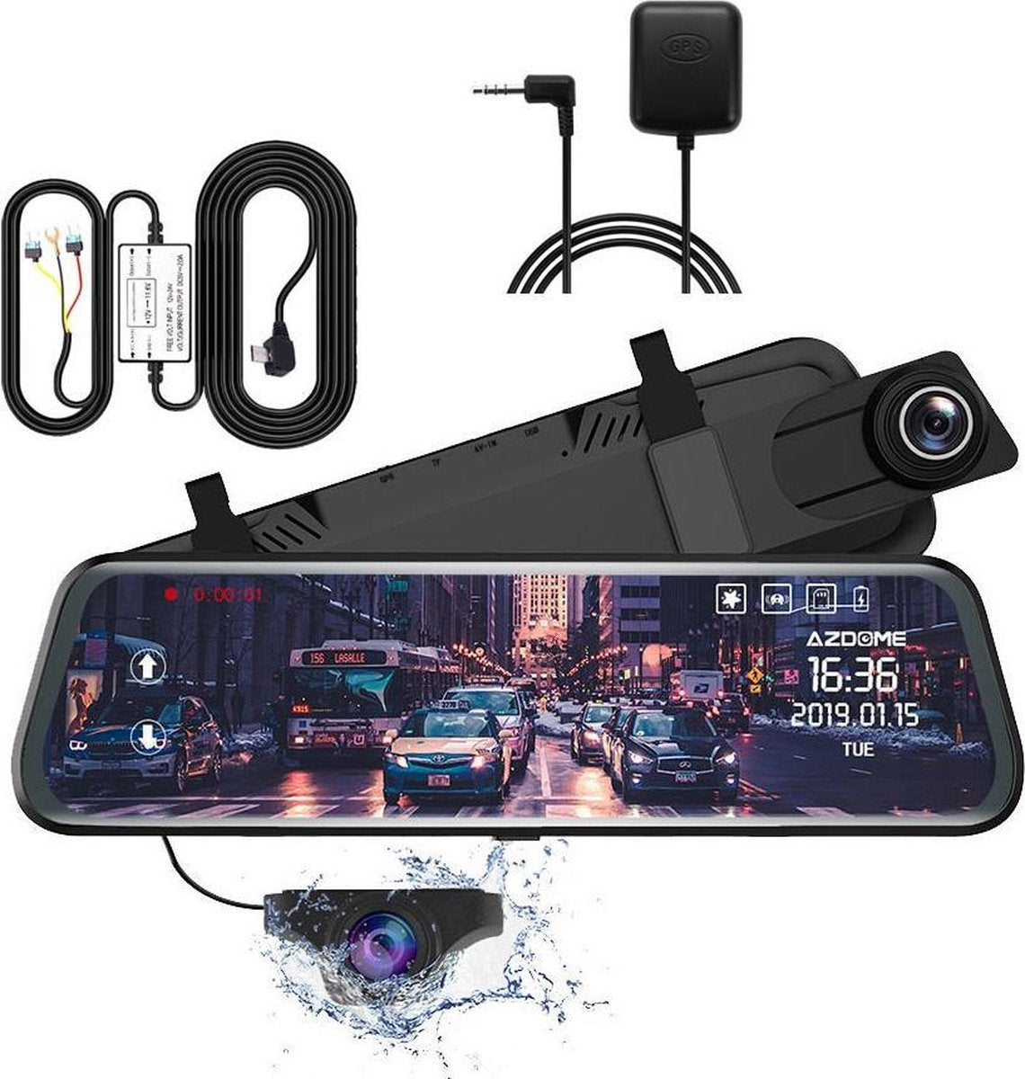 AZDome AR08 2CH Full Mirror dashcam voor auto - GPS - Continue voeding