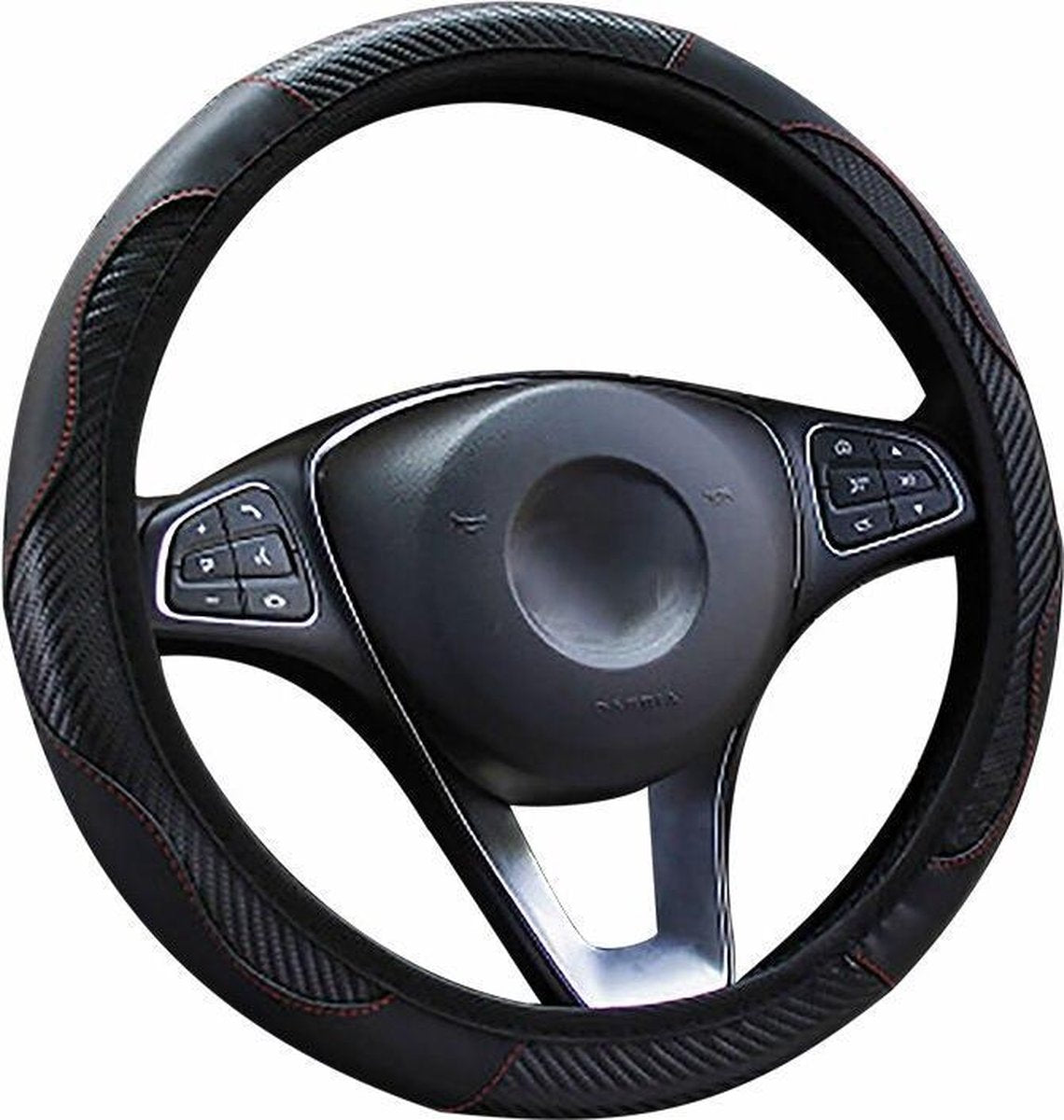 Stuurhoes Auto - Voor 37-38 cm Stuurwiel - Zwart met Rood - Carbon Look