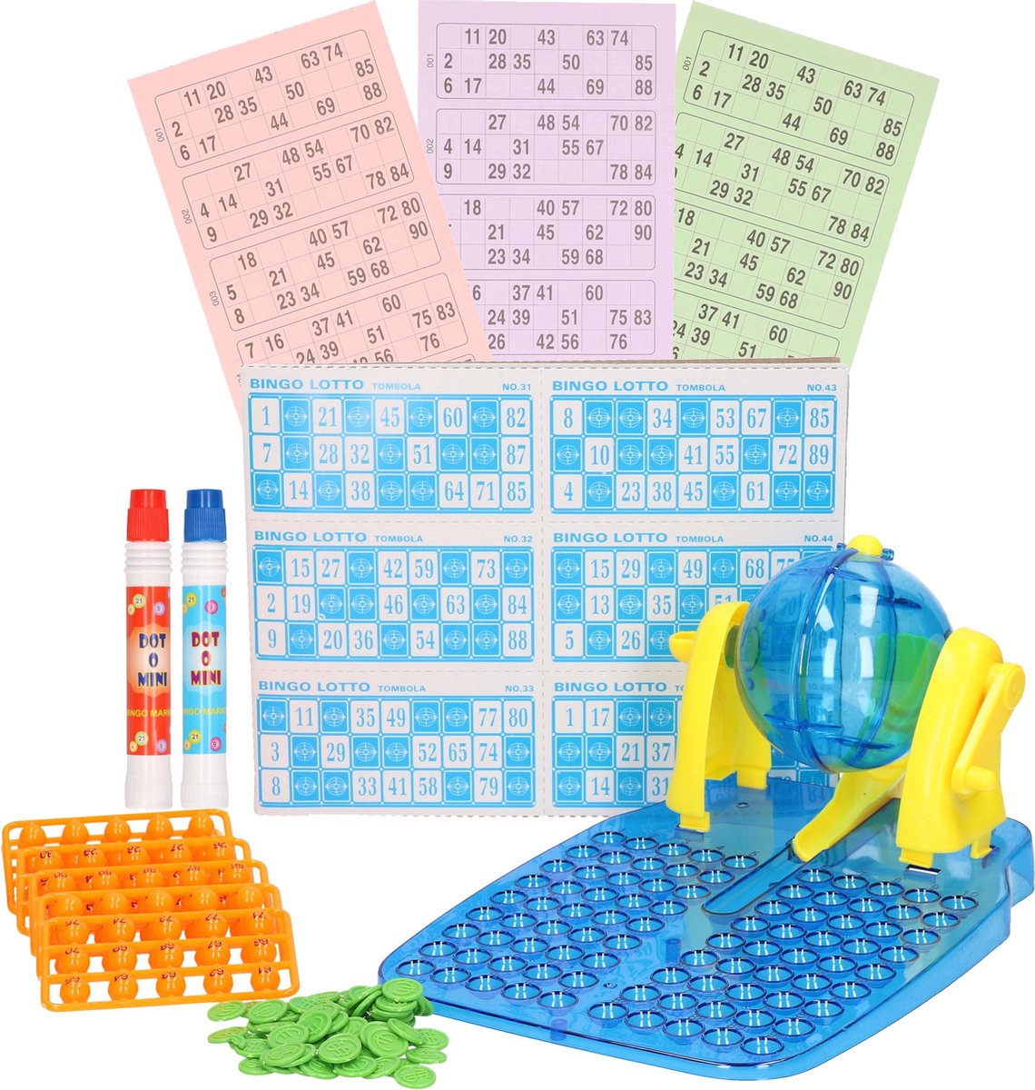 Bingo spel blauw/geel complete set nummers 1-90 met molen