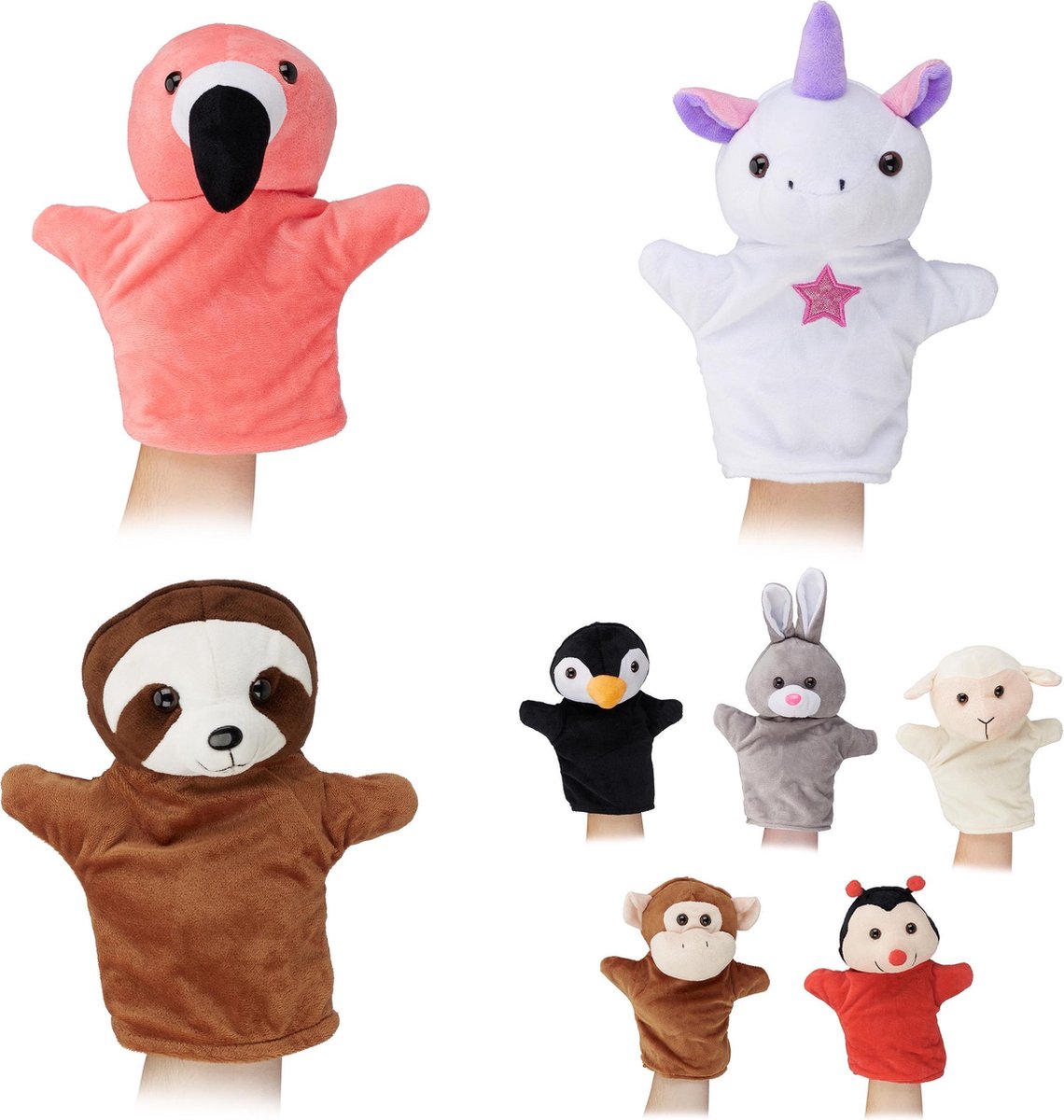 relaxdays handpoppen voor kinderen - 8x poppenkastpoppen - dieren - poppen - handpop