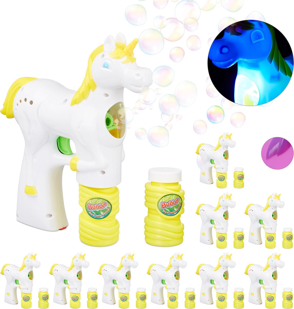 relaxdays 10 x bellenblaas pistool eenhoorn - LED - bellenblaasmachine - unicorn - wit