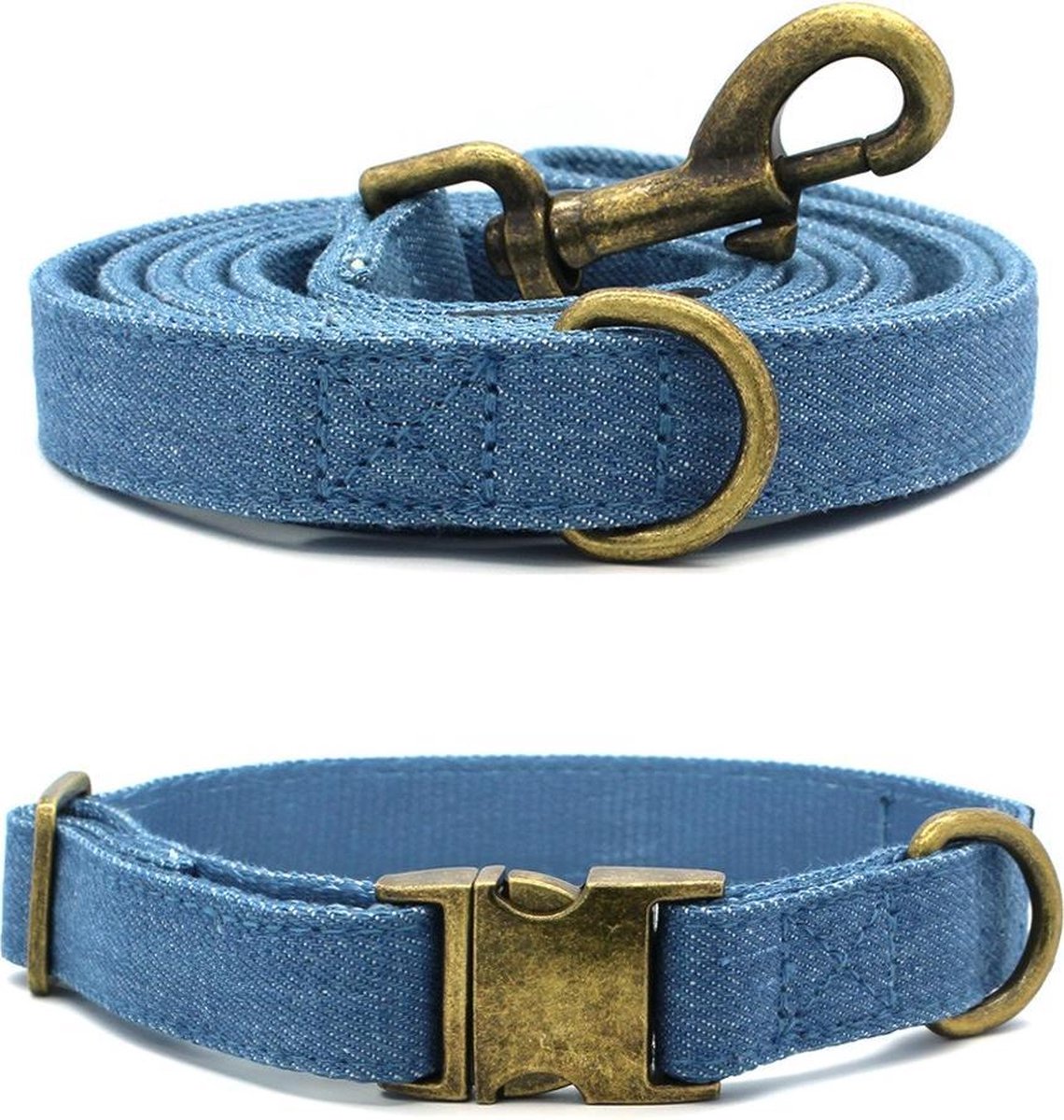 Studio Proud - Complete set - Halsband en hondenriem - denim -bronskleurige accenten - maat L -te combineren met bijpassende poepzakjeshouder
