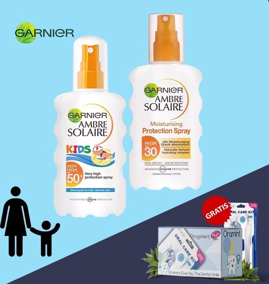 Garnier Ambre Solaire Kids Zonnebrandspray SPF50 200ml - Garnier Ambre Solaire Zonnebrandspray SPF30 200ml + Oramint Oral care Kit