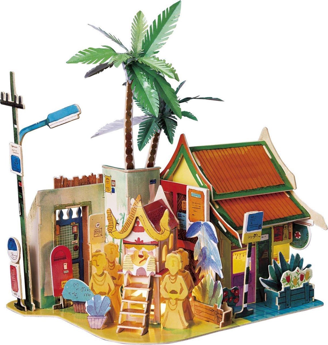 Robotime Zonnig Chiang Mai SJ407- Houten Modelbouw - Miniatuur Bouwpakket Huis met LED licht - DIY