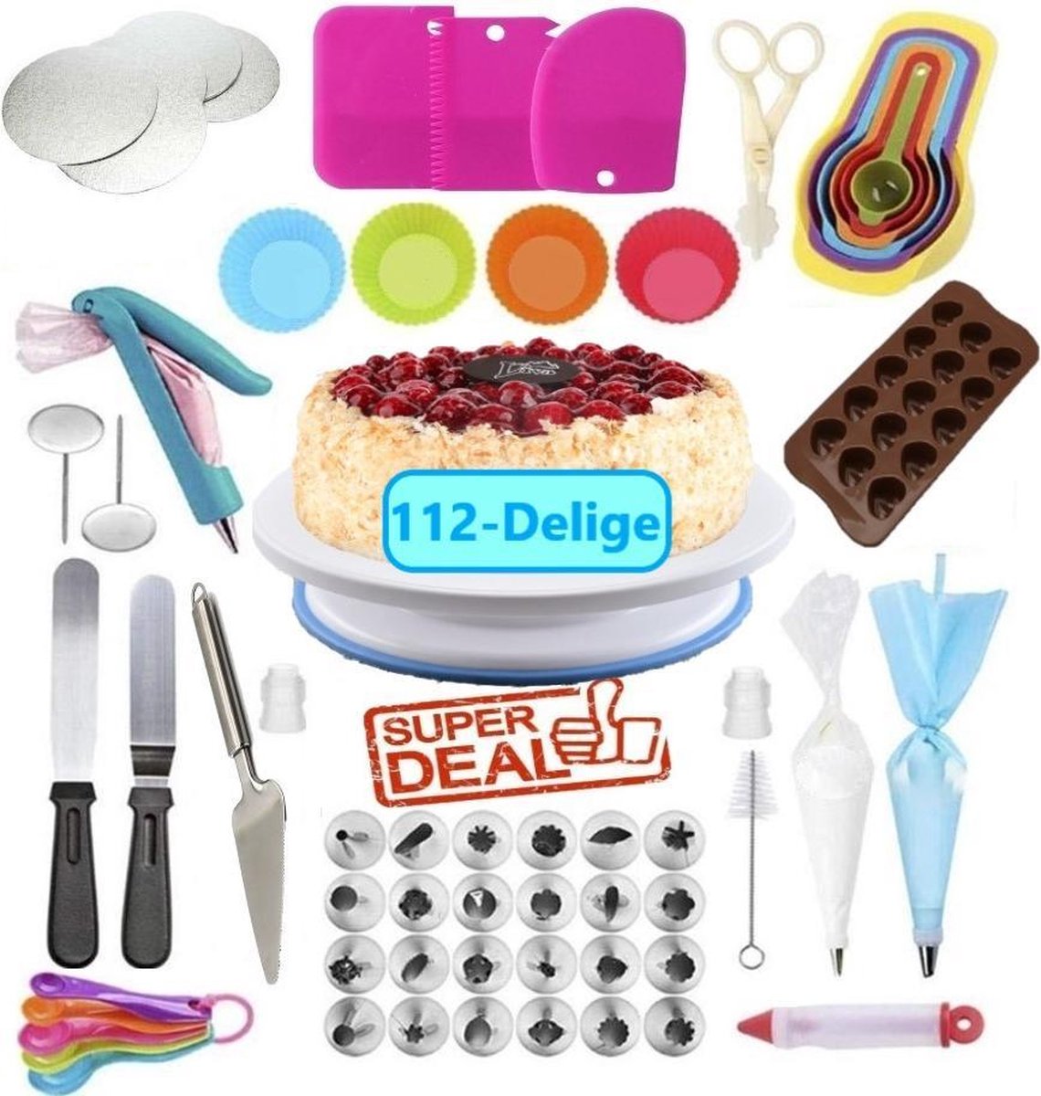 Taart en Cake Decoratie Set – Taart Bakken Accessoires Set – Taartversiering - Draaiplateau - RVS Spuitmondjes - 112 Delige