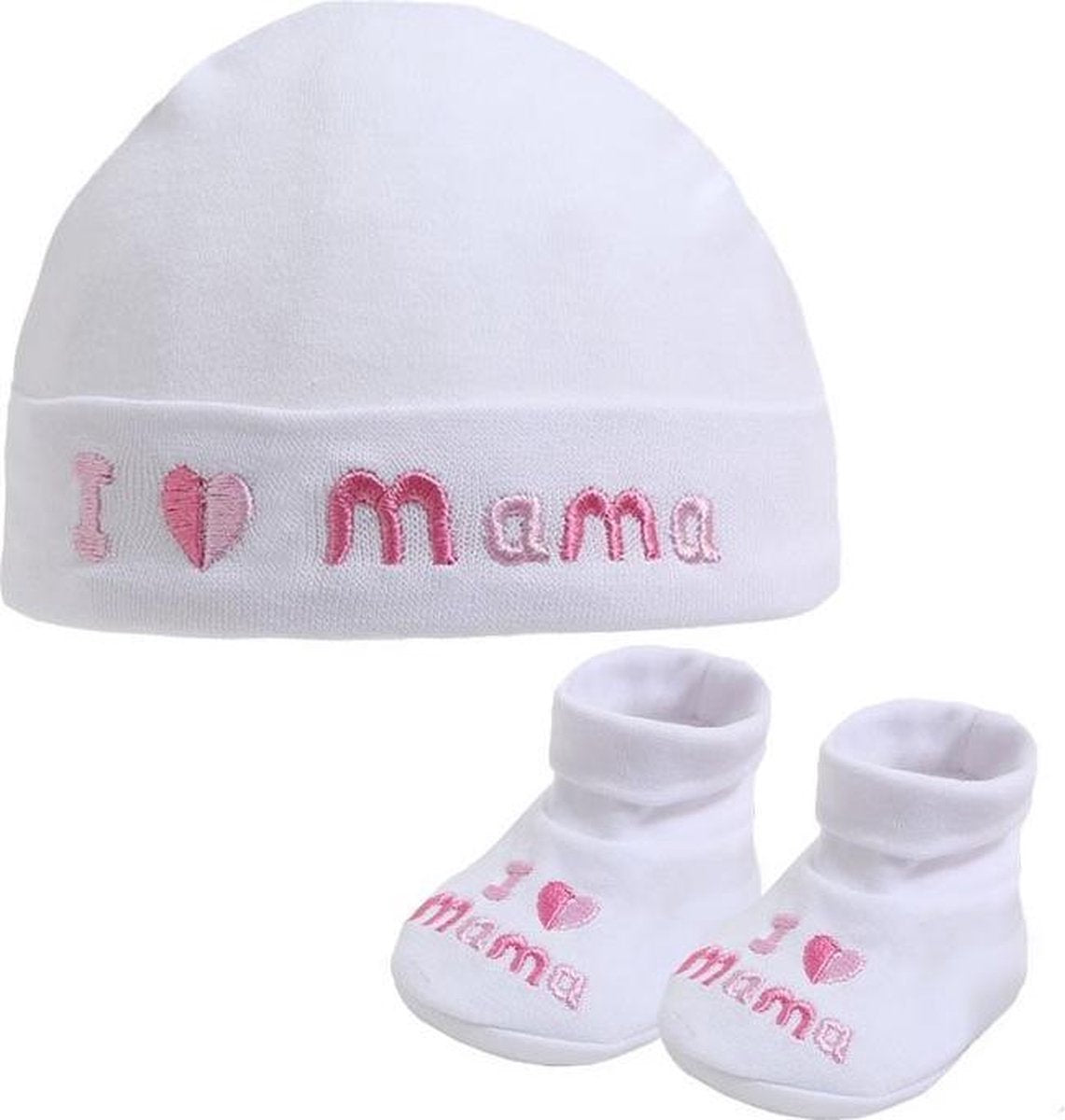 Baby muts met slofjes l love mama kleur roze maat 0-3 maanden|Bonnet bébé avec chaussons I love mama couleur rose taille 0-3 mois
