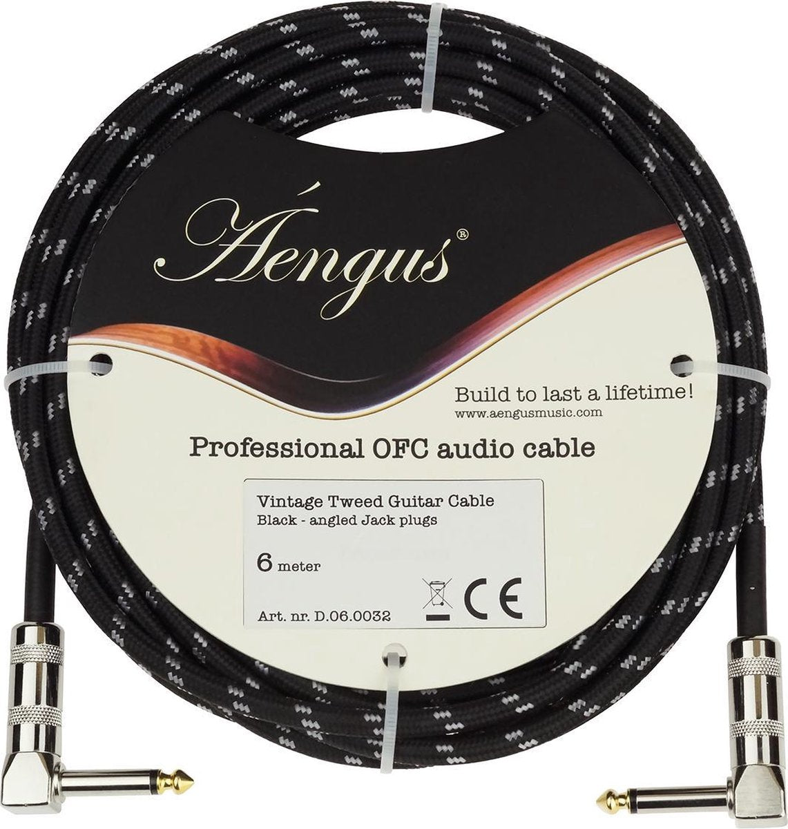 Áengus Black Tweed Gitaarkabel - instrumentkabel 6 meter - 6.35mm mono jack plug haaks/haaks - zwart