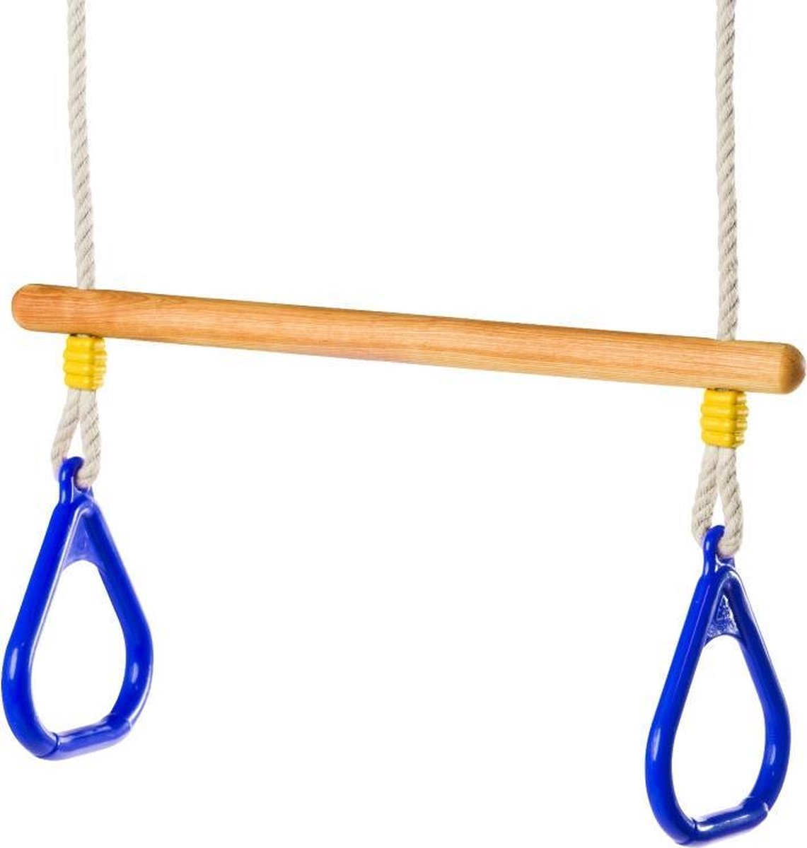 Trapeze  van essen hout behandeld met lijnzaadolie met kunststof driehoekringen blauw PH 2.5m