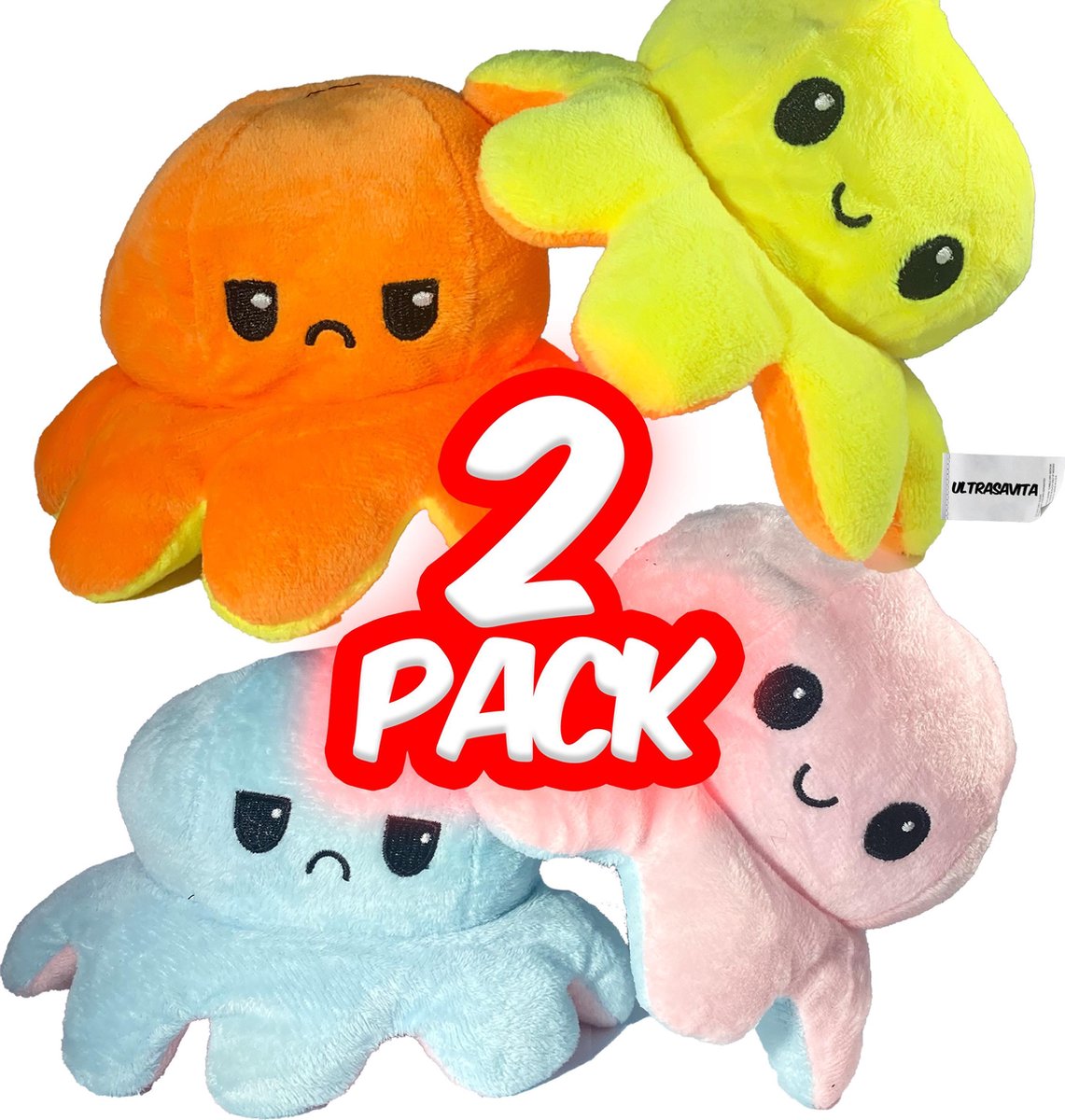 Ultrasativa® Octopus Mood Knuffel - Licht Roze & Licht Blauw - Oranje & Geel - 2 Pack - Omkeerbaar