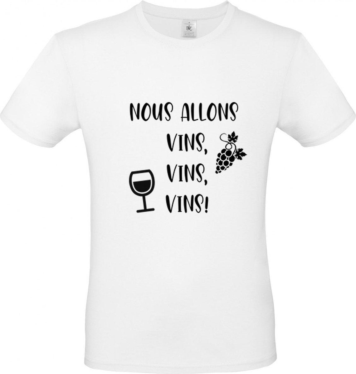 T-shirt wit met zwarte opdruk: "Nous Allons Vins Vins Vins"