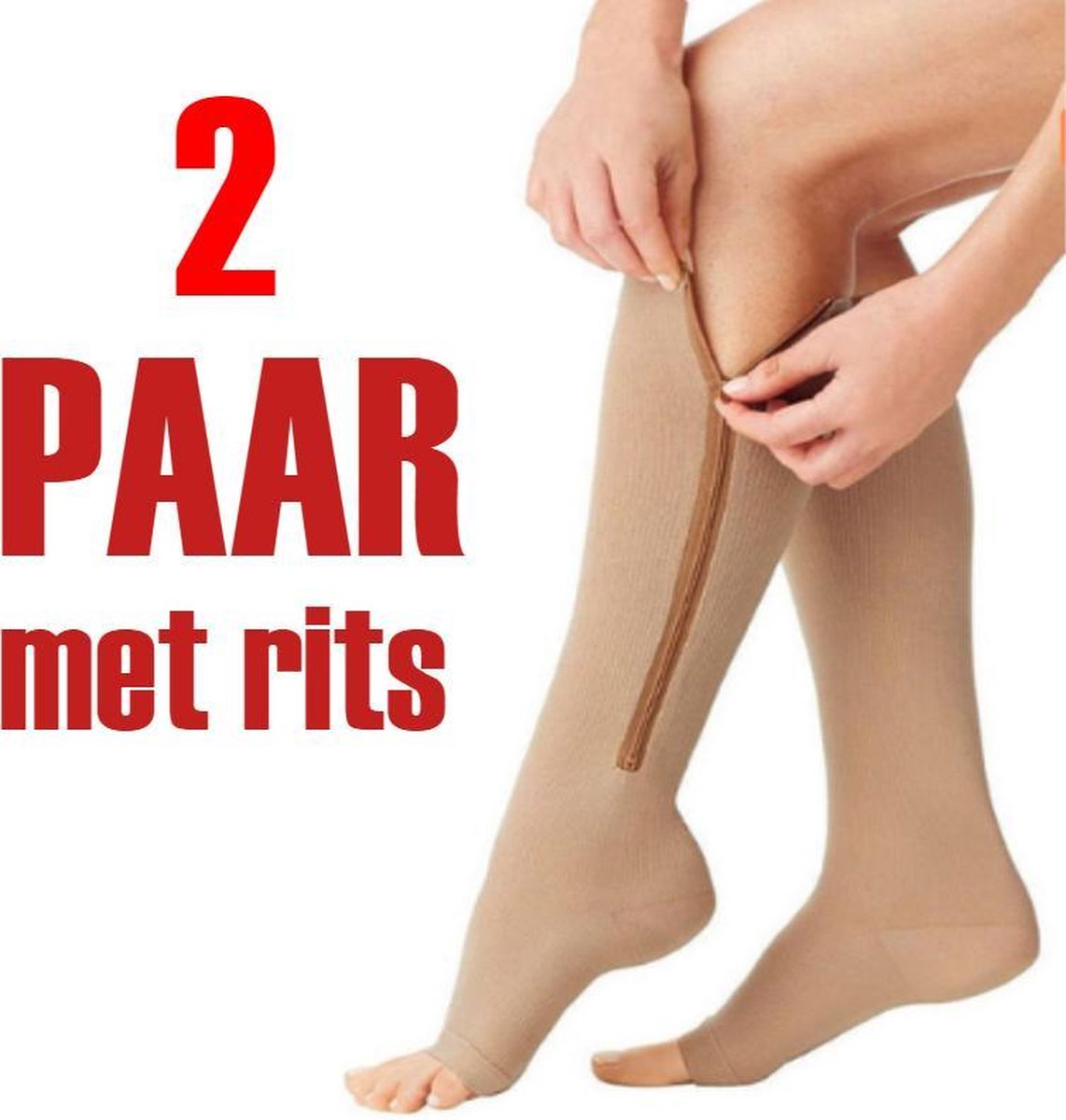 2 PAAR Compressiekousen met RITS | Steunkousen | Vliegtuigsokken voor op reis of vakantie | Compressie sokken ritssluiting | Reiskousen | bloedcirculatie | vochtafdrijvend | Etalagebenen | beige |L / XL | 2 Paar / Kleur: beige