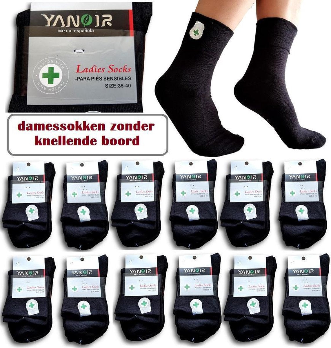katoenen sokken zonder elastiek zwart 12 paar maat 35-40