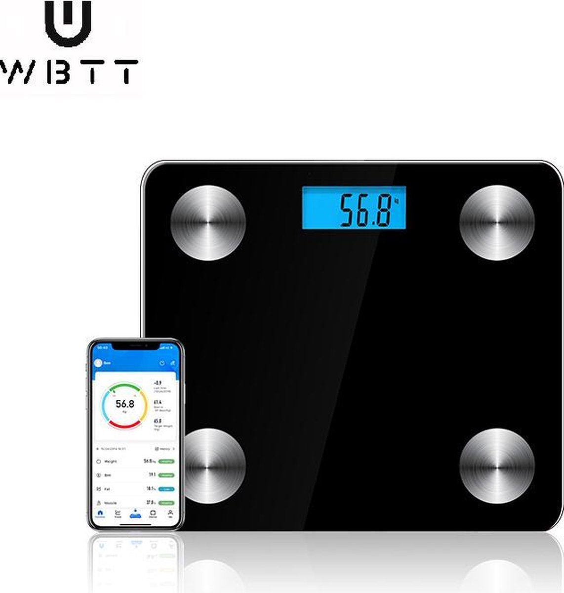 Slimme weegschaal met app WBTT - Volledige Lichaamsanalyse - Met Analyse App - Weegschaal - Zwart