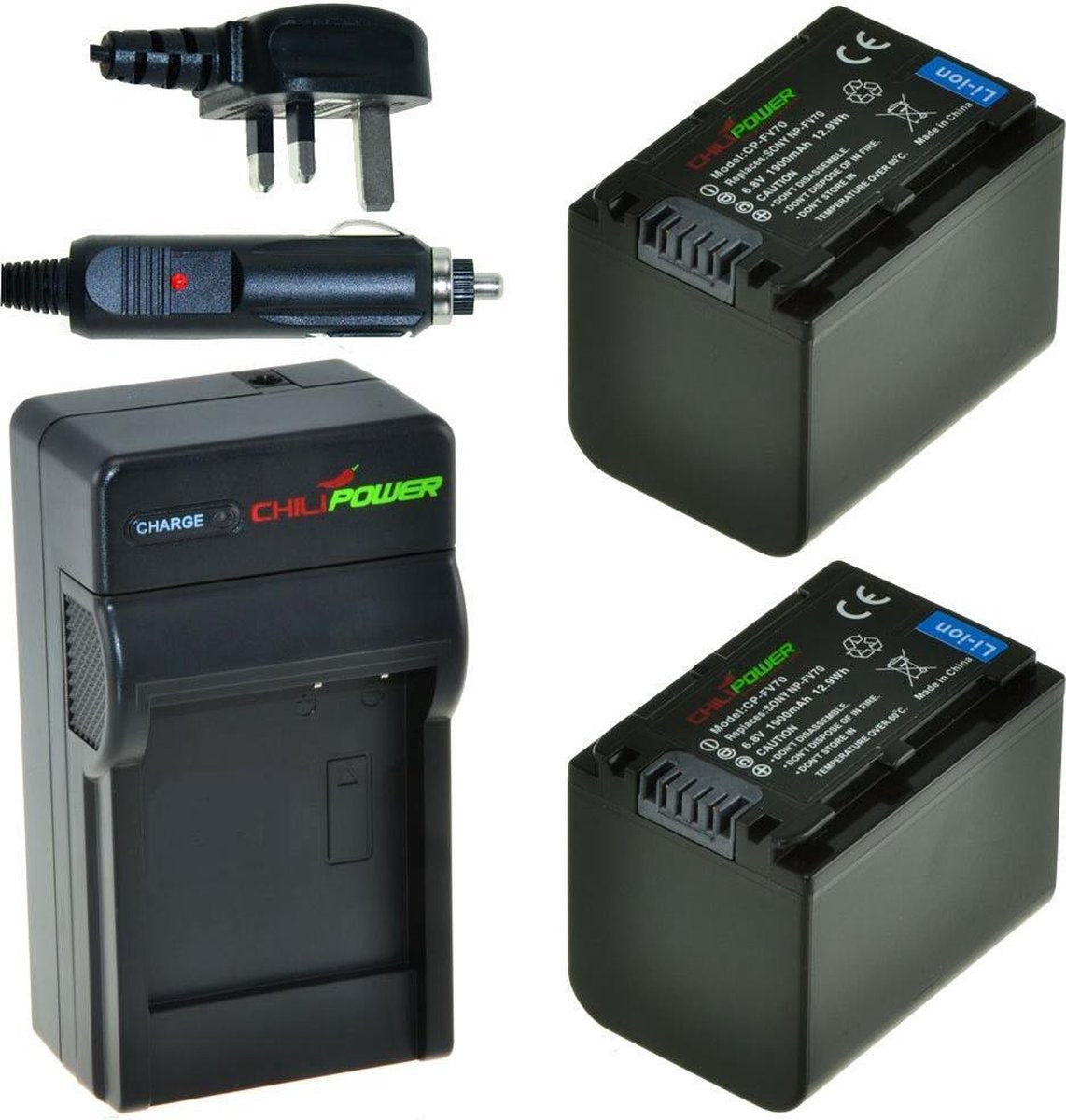 ChiliPower 2 x NP-FV70 accu's voor Sony - Charger Kit + car-charger - UK versie
