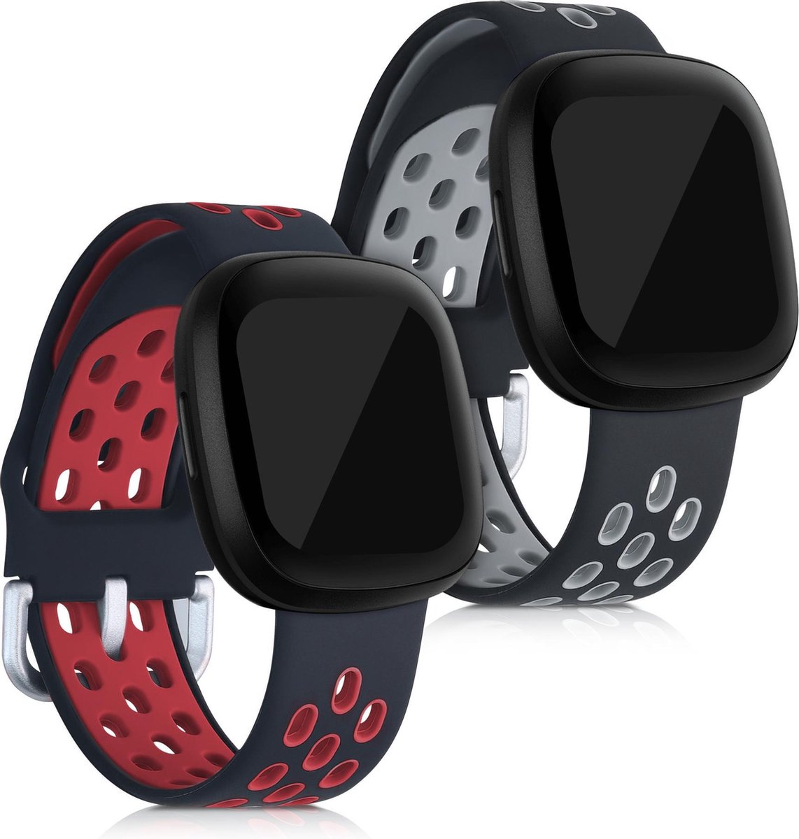 kwmobile 2x horlogeband voor Fitbit Versa 3 / Sense - siliconen band voor fitnesstracker - zwart / rood / zwart / grijs