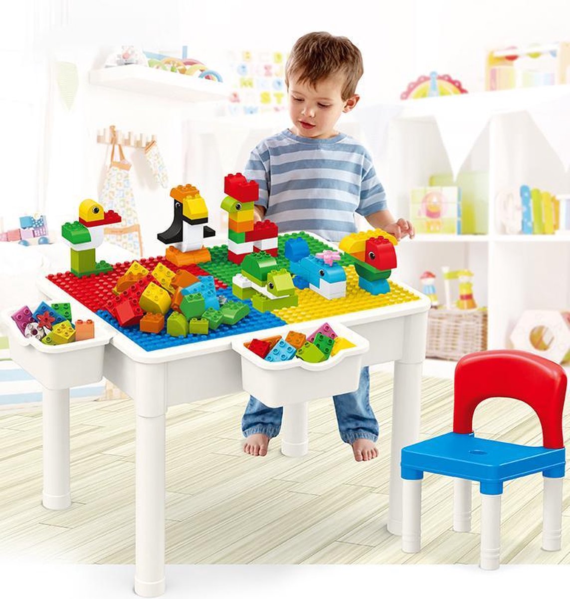 Kindertafel met 2 Stoeltjes 4 Bakjes en 138 Bouwblokken - Blokkentafel - Speeltafel - Watertafel en Zandtafel - Blokken Tafel Kinderen - Constructie Speelgoed Jongens en Meisjes 2