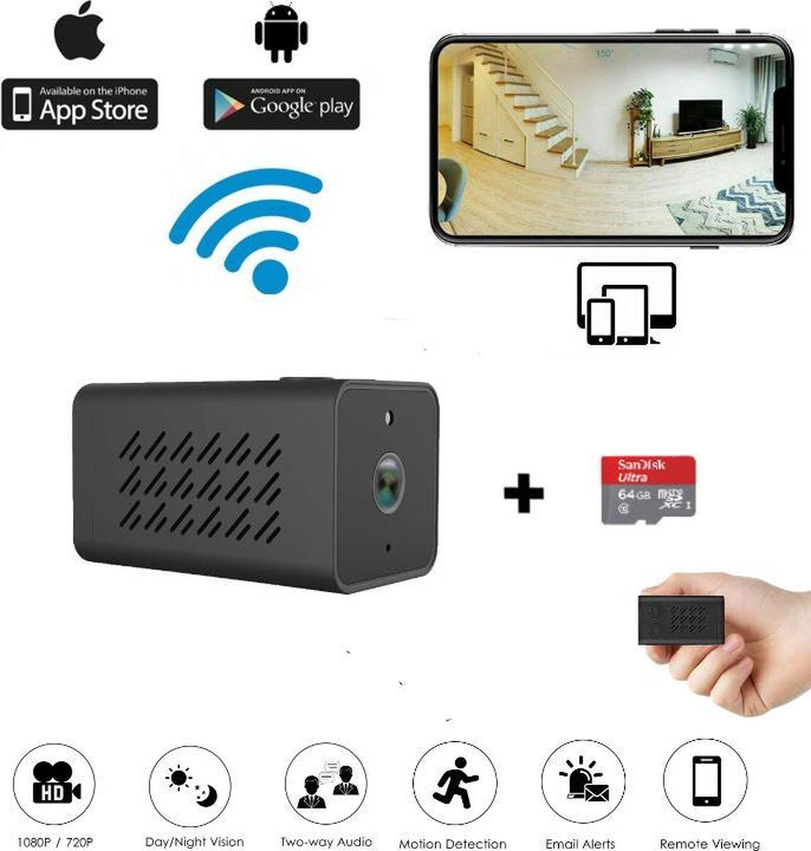 Bastix®  - Verborgen Camera Wifi Met App - Draadloze Action Spycamera - IP Beveiligingscamera - Mini Spycam - Bewakingscamera - Bewegingsdetectie - Draadloos - Stem/Bewegingsdetectie alarm - 2400mah Batterij Capiciteit -Met Bijgeleverde SD Kaart 64GB
