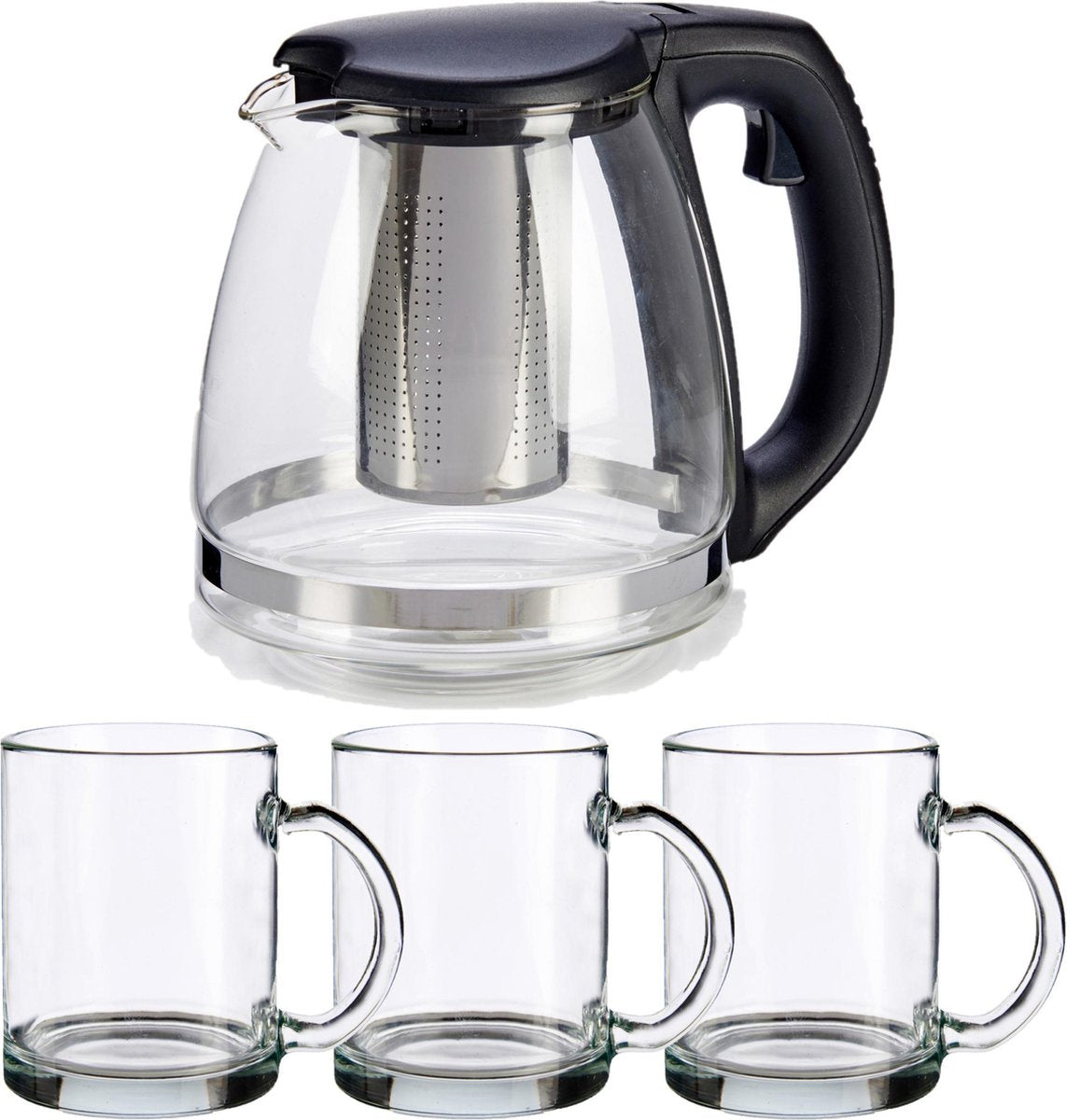 Glazen theepot met filter/infuser van 1200 ml met 6x stuks theeglazen van 285 ml
