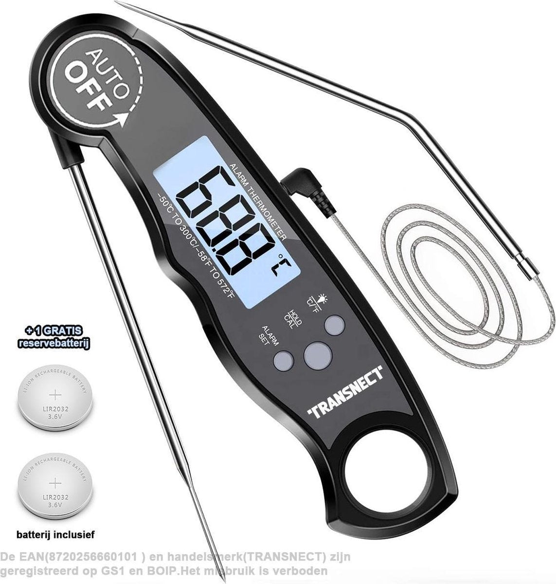 BBQ Thermometer - Oventhermometer - Thermometer Bakken - 2 RVS sondes - Temperatuuralarm - inclusief batterij + een reservebatterij - Zwart