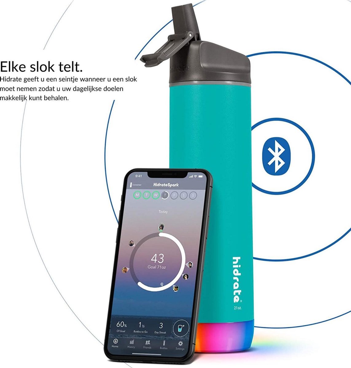 Hidrate Spark Straw slimme waterfles - Staal - 500ml - LED verlichting - Sea glass