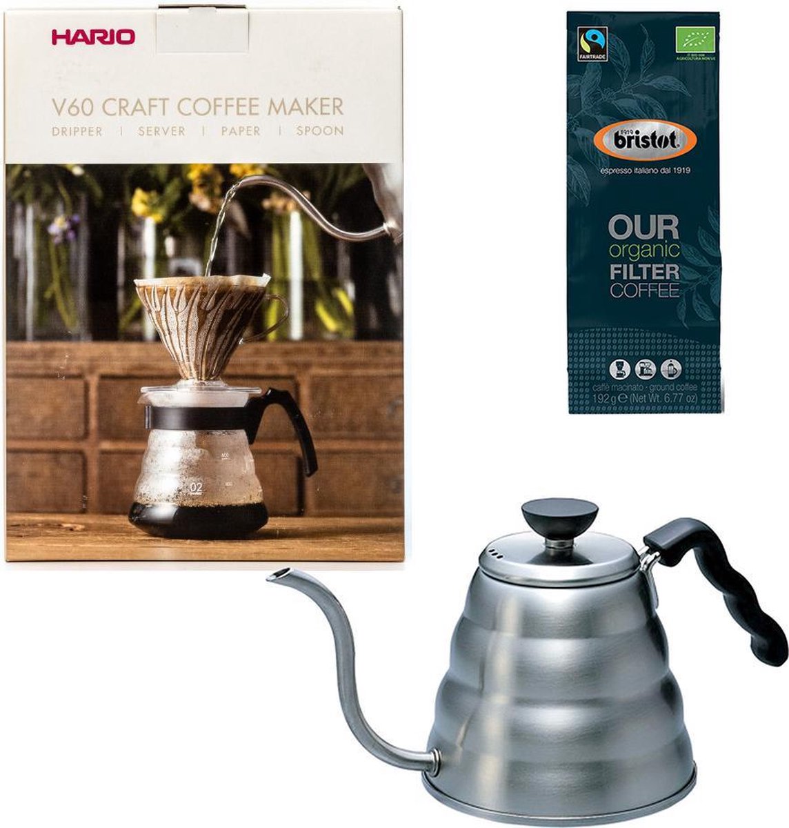 Hario V60 slow coffee kit + Hario V60 Buono Waterketel 1.2 liter + Bristot OUR Biologische Filter Koffie