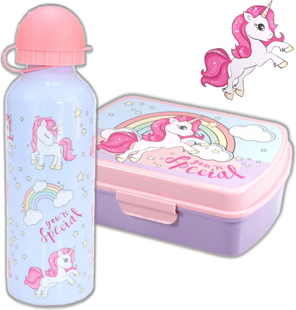 Broodtrommel + drinkfles Unicorn | Lunchbox voor kinderen | Eenhoorn Lichtblauw LS03b