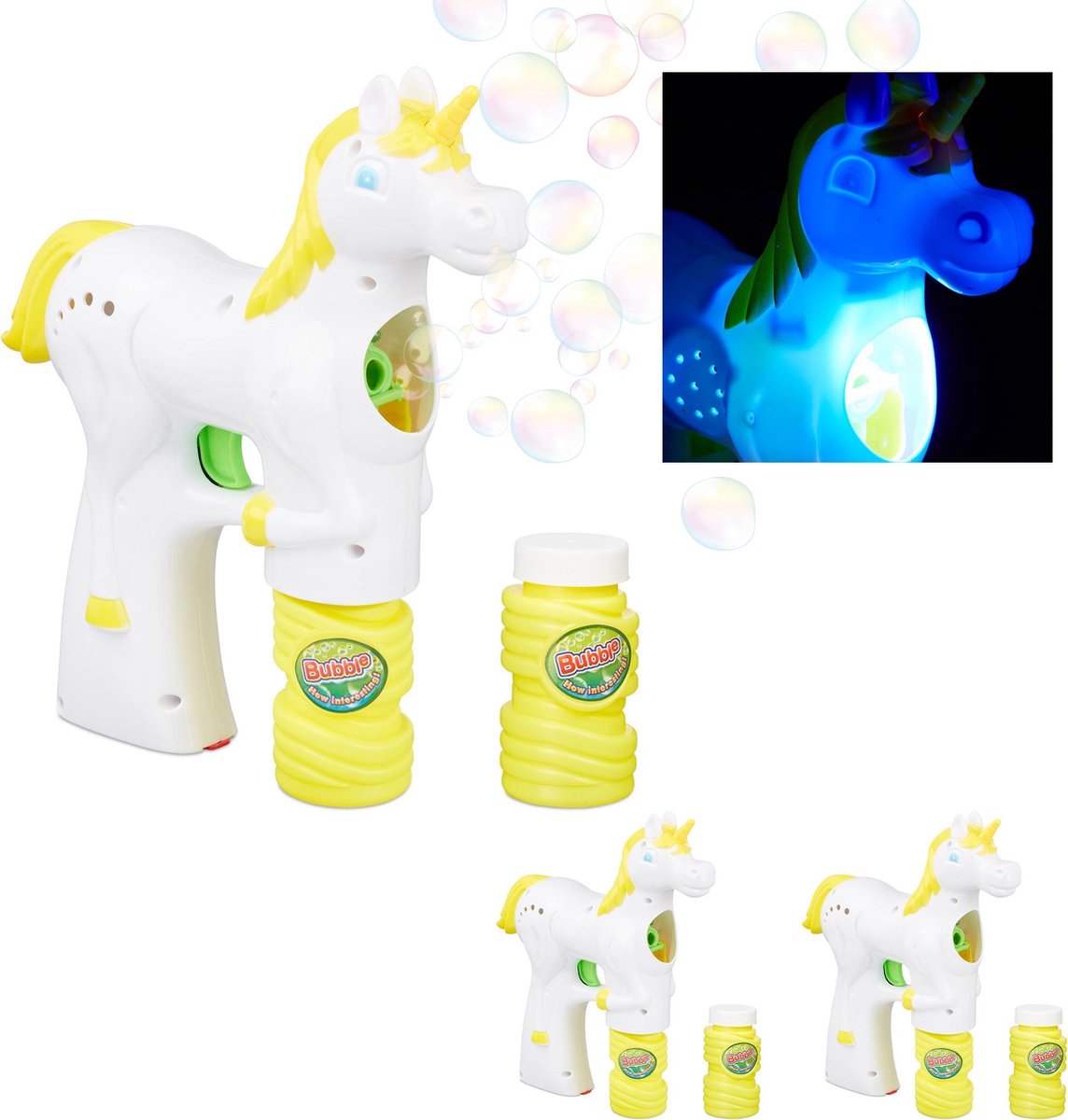 relaxdays 3 x bellenblaas pistool eenhoorn - LED - bellenblaasmachine - unicorn - wit