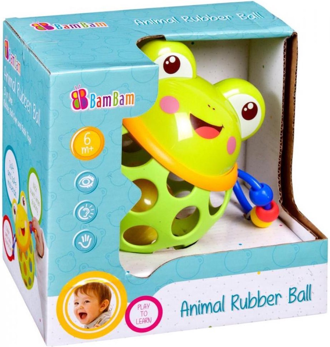 Bam Bam rubberen bal met rammelkikker - baby peuter bijt speelgoed vanaf 6 maanden