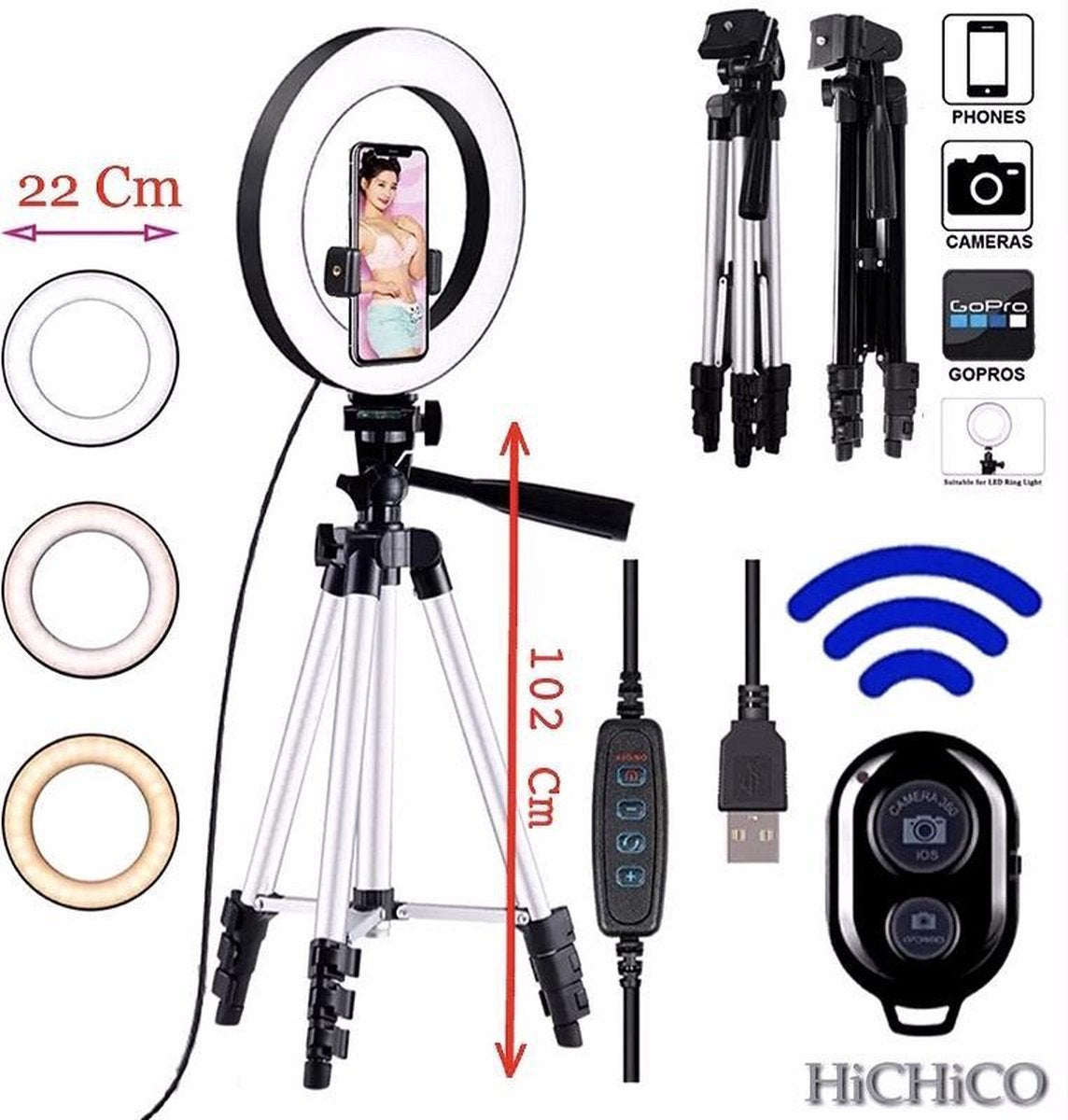 LED Ring Light 22 Cm met Smartphone Tripod Camera Statief 102 Cm Zilver Inclusief Bluetooth shutter – HiCHiCO