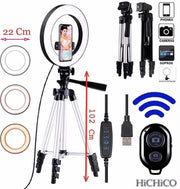 LED Ring Light 22 Cm met Smartphone Tripod Camera Statief 102 Cm Zilver Inclusief Bluetooth shutter – HiCHiCO