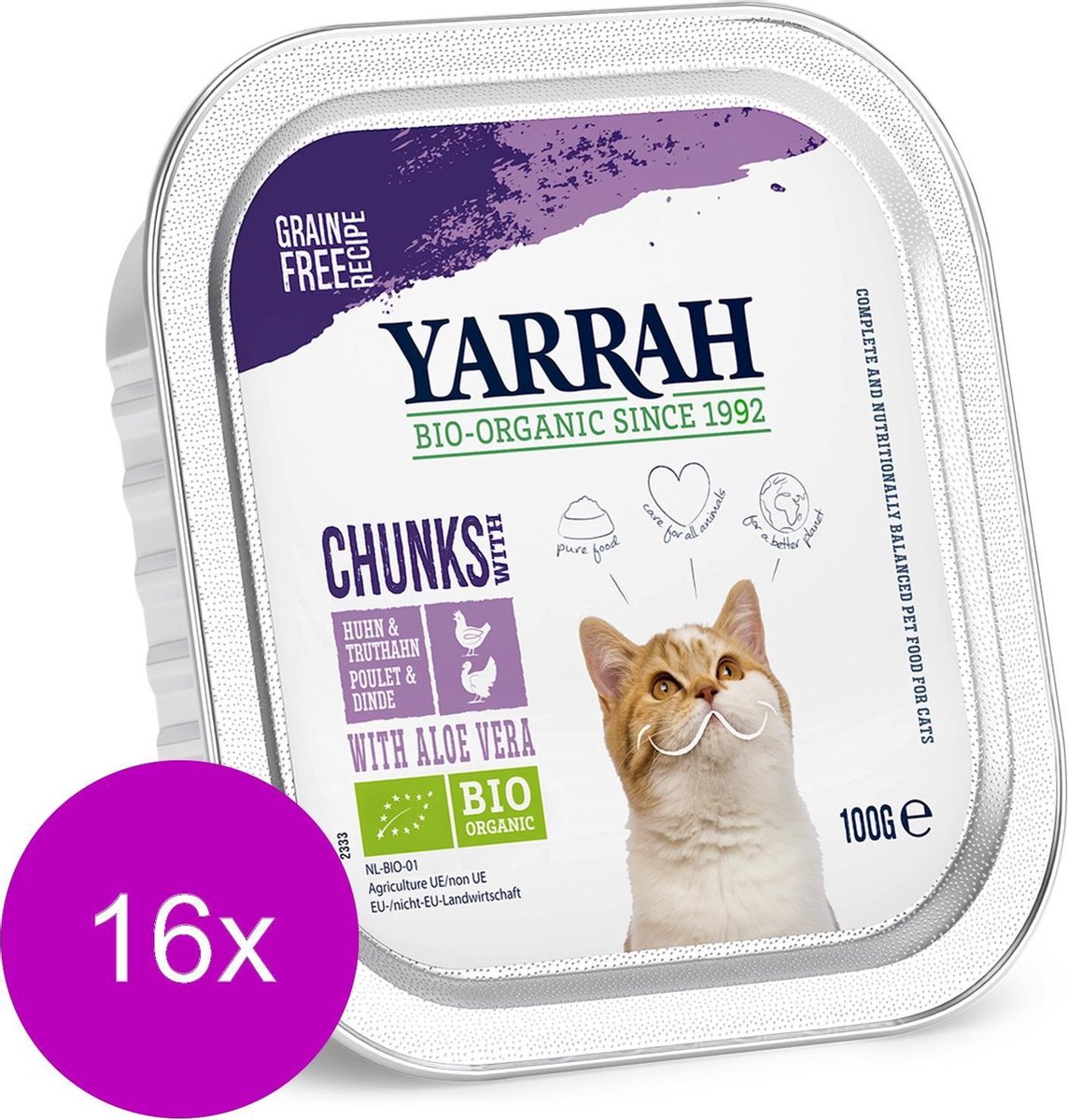 Yarrah Bio Kat Alu Brokjes In Saus - Kip & Kalkoen - Kattenvoer - 16 x